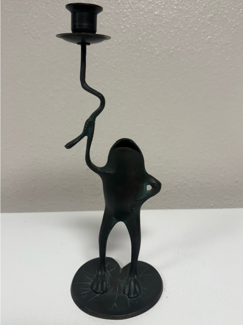 Vtg Solid Copper Frog Candle Stick Holder 11" Lilly Pad Artwork Whimsical Deco